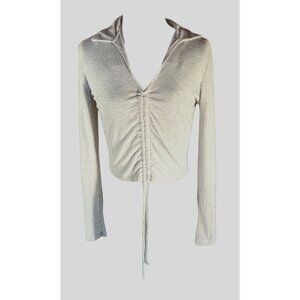 Ruched Front Ribbed Long Sleeve Crop Top With Collar